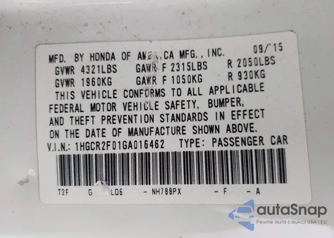 2016 Honda Accord Ex from USA, damaged, VIN 1HGCR2F01GA016462